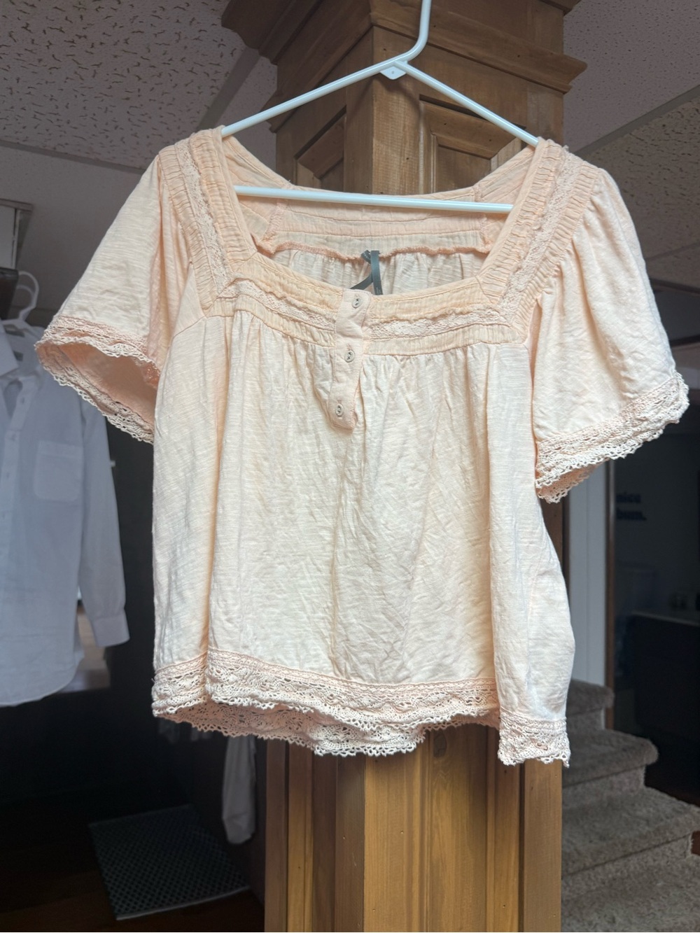 Anthropologie Peach Lace-Trim Square Neck Blouse